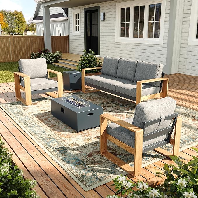 Oversized Aluminum Outdoor Patio Furniture Set, 4-Piece Modern Sectional Conversation Sets with Fire Pit Table, Wide Seat and Thick Cushions