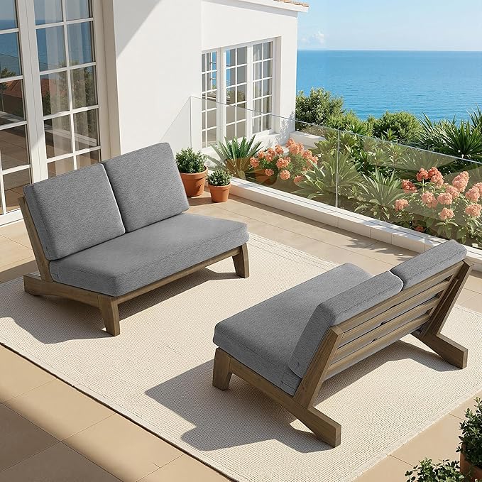UIXE All Weather Wood Patio Furniture Sets, 3 Pieces Patio Loveseat Sofa Outdoor Sectional Futniture Backyard Conversation Set with Solid Wooden Coffee Table - Grey