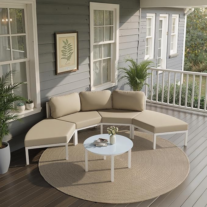 Crestlive Curved Patio Furniture Set, Modular Half Moon 4-Seater Sofa with Round Coffee Table, Aluminum Outdoor Sectional with 4.3" Cushions, All-Weather Couch for Backyard, Deck, Porch, Poolside