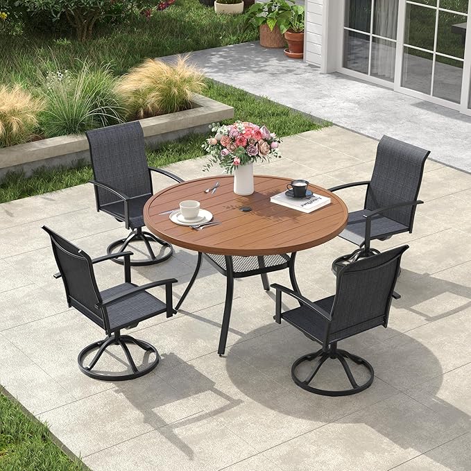 VICLLAX Outdoor Table and Chairs Set for 4, Patio Dining Set of 40.7" Metal Round Patio Table with Umbrella Hole & 4 Swivel Outdoor Dining Chairs for Backyard Lawn, Charcoal & Walnut