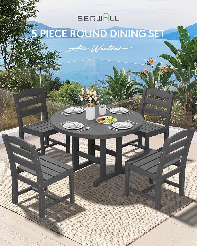 SERWALL 5-Piece Patio Dining Sets, HDPE Outdoor Table and Chairs Furniture Set, 45" Round Dining Table and 4 Armless Dining Chairs, Gray