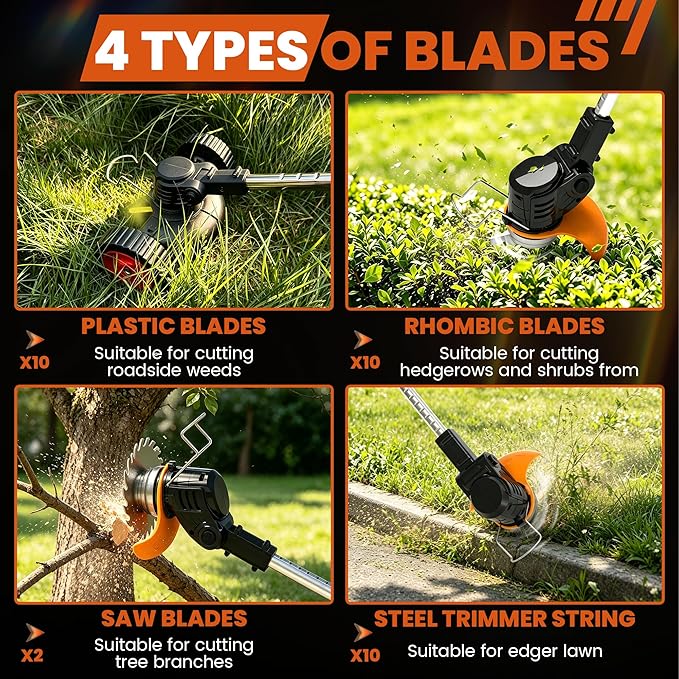 Electric Weed Wacker Cordless Weed Eater 21V Battery Powered No String Trimmer,3 in 1 Lightweight Portable Edger Grass Trimmer/Brush Cutter/Lawn Mower with 4 Types Blades & Wheels for Yard and Garden