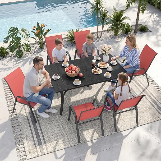 Outdoor Dining Set for 6, Patio Metal Table and Chairs Set with 1.97'' Umbrella Hole, 7pcs Patio Furniture Set 63”x37.8” Dining Table Set with Stackable Chairs for Backyard Pool Deck