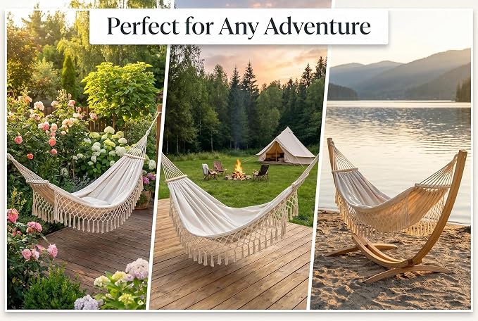 Bohemian Canvas Hammock with Tassels, Brown, 79"x59" | Soft Breathable Cotton Canvas Hammock,79x59in,2 Hanging Straps Wooden Bar;3 colors,compact for students renters dorm balcony