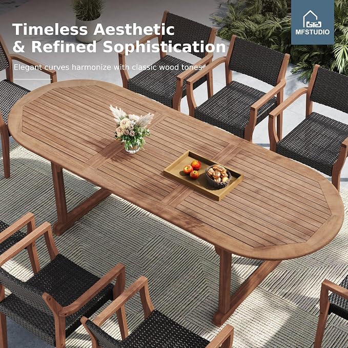 MFSTUDIO Teak Outdoor Dining Set for 8, Outdoor Wood Table and Chairs, 9 Pieces Outdoor Dining Table Set with Rattan Chairs, Wood Patio Dining Furniture Expandable Table for 8