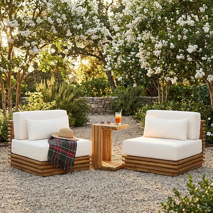 Merax Oversized Outdoor 3-Piece Chat Set with 2 Club Chairs & Side Table, Acacia Wood Frame, Natural Finish with Beige Cushions for Patio & Garden