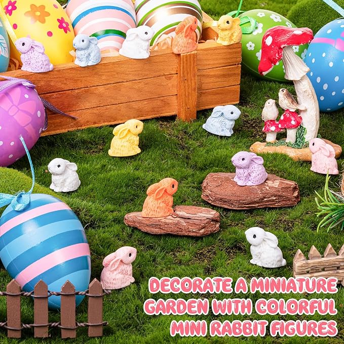 120PCS Miniature Resin Rabbit Easter Bunny Figurines for Easter Egg Fillers | 6 Colors Cute Tiny Bunnies Rabbits Animals, Fairy Garden Dollhouse Cake Home Decor Hidden Game