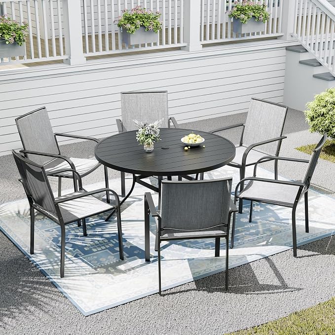 Outdoor Dining Table with 6-Piece Stackable Chairs,48" Round Patio Table with Adjustable Umbrella Hole,Stable Patio Dining Set for Home or Outside