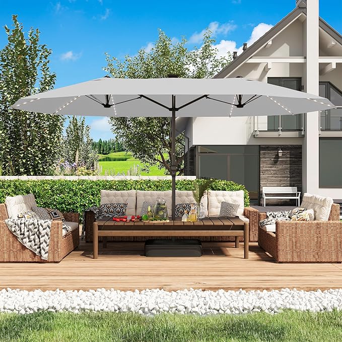GDPFN 15ft Rectangular Patio Umbrella with Solar LED Lights, Double-Sided Outdoor Market Umbrella with Base Included, Extra Large Shade for Pool, Deck, Backyard, Garden, Light Gray