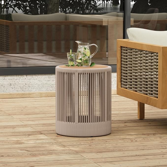 Small Outdoor Patio Side Table, Hand-Woven Rattan Rope End Table, Compact Outdoor Acacia Wood Round Coffee Table for Porch, Yard, Balcony,Teak+ Beige