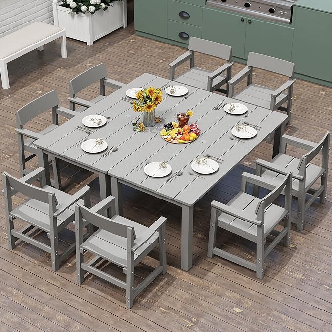 Jocoevol 10-Piece HIPS Patio Dining Set for 8 Person Outdoor Dining Sets with Umbrella Hole Tables and Chairs Furniture Set All Weather Proof for Garden, Backyard, Poolside