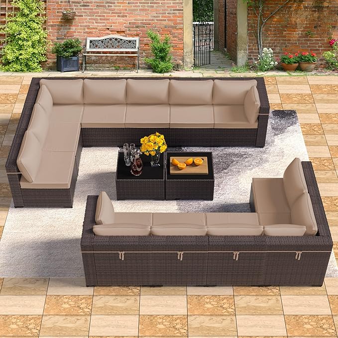 14 Pieces Outdoor Patio Furniture Set,Outdoor Sectional Furniture All Weather PE Rattan Wicker Patio Conversation Set with 2 Coffee Tables and 12 Thickened Cushions,Sand