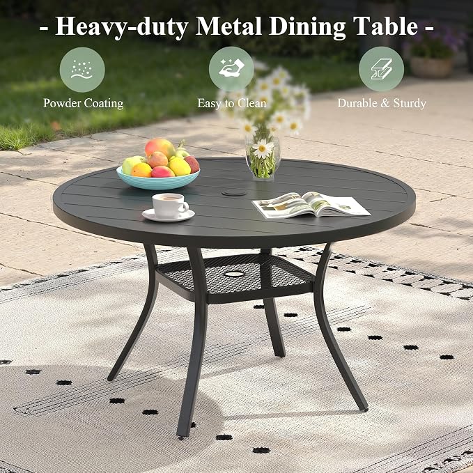 5 Pieces Round Patio Dining Set, Outdoor Furniture of 40.6" Round Patio Table and Patio Swivel Chairs for Backyard Lawn Garden, Black Table and Dark Blue Chairs
