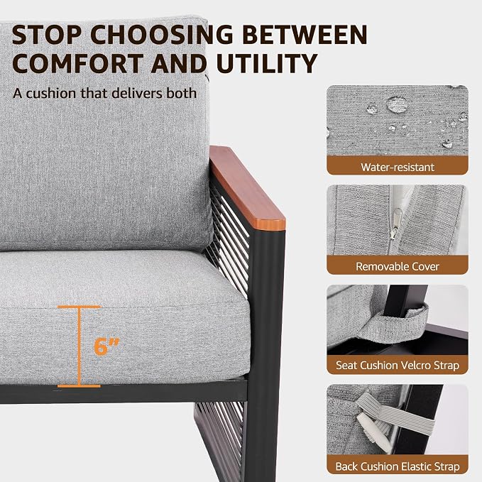 NATURAL EXPRESSIONS Aluminum Outdoor Furniture Armchair, Patio Chairs Set of 2 with Fauxwood Armrest, 6" Olefin Cushion, Rattan Side-armrest, All-Weather Outside Chair for Porch, Yard, Balcony, Deck