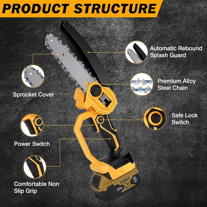 bellaDimora Cordless 6-Inch Mini Chainsaw for DeWalt 20V MAX Battery, Pure Copper Motor 17000 RPM, One-Handed, Cuts 6-Inch Branches, Dual Safety - Tree Trimming & Yard (No Battery)