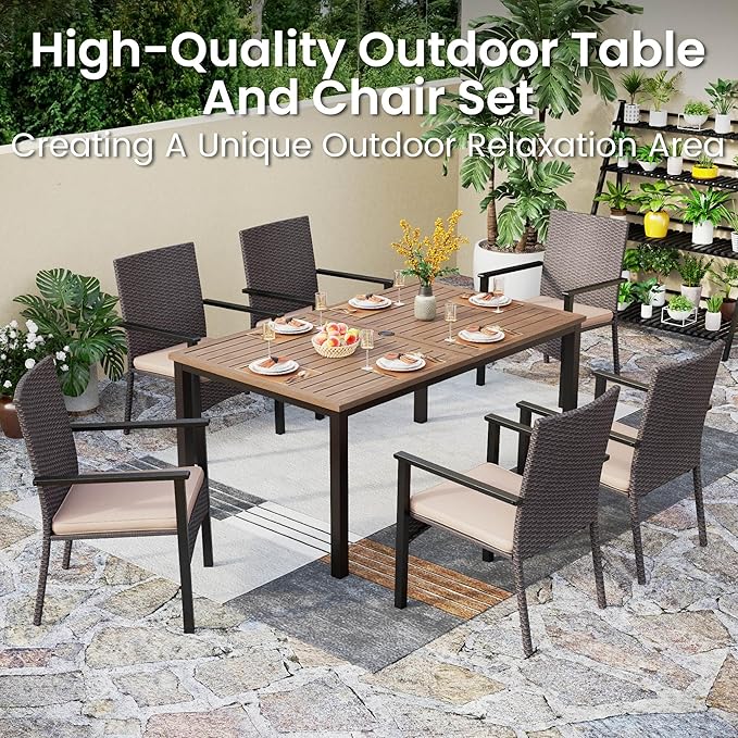 PHI VILLA 7 Pieces Patio Dining Set for 6, 65” Wood-Like Metal Steel Dining Table & Rattan Wicker Chairs with Cushions, Large Dining Furniture Set for Outdoor Deck, Yard, Porch