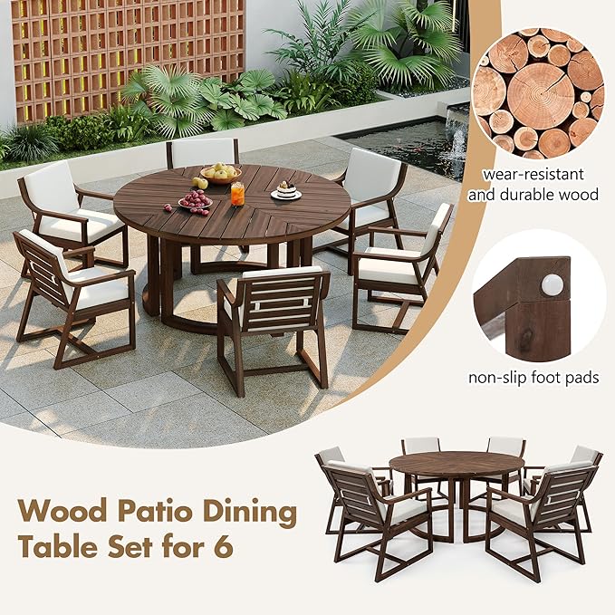 Merax 7 Pieces Outdoor Dining Set for 6 People, Acacia Wood Patio Furniture Sets with Round Table and Six Cushioned Chairs for Backyard, Garden, Lawn, Poolside, Tabletop with Umbrella Hole, Mocha