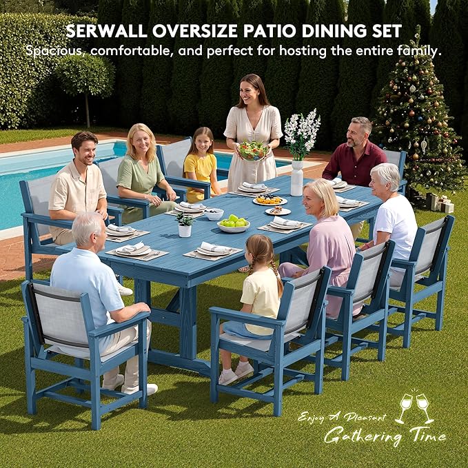 SERWALL Outdoor Dining Chairs Set of 2, All-Weather HDPE Textilene Sling Dining Chair for Backyard, Garden, Blue