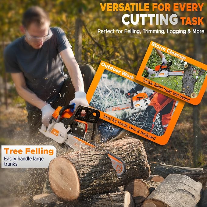 58 cc 2-Cycle Gas Chain Saw, 20 in & 18 in Gas Powered Chainsaw, Handheld Powerful Gasoline Chain Saw, Quick-Start System, Professional & DIY for Cutting Wood Tree Trimming
