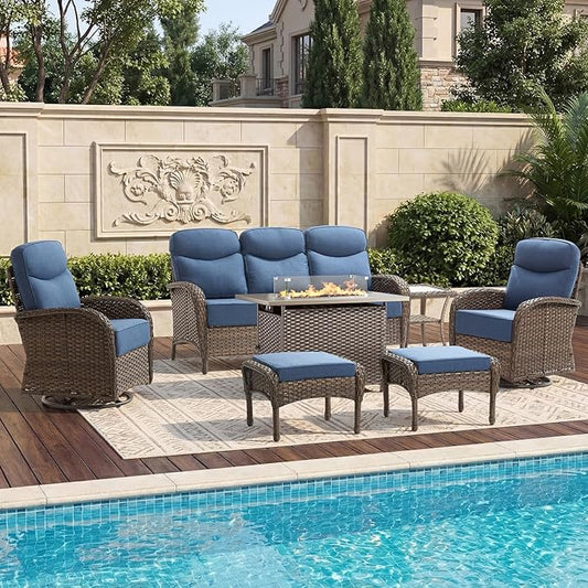High Back Luxury Patio Furniture Set with Fire Pit Table, 6-Inch Cushion Swivel Rocker Patio Chairs with Outdoor Couch, 7 Piece Wicker Conversation Set for Deck Yard Garden Balcony Blue
