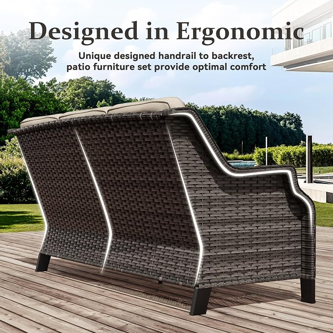 Outdoor Patio Sofa Wicker 3 Seater Sofa, Rattan Couch with Deep Seat and Olefin Cushions, High Backrest, All-Weather for Balcony, Deck, Backyard