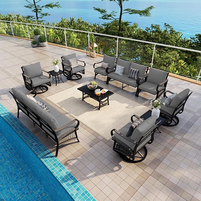 11 Pieces Patio Conversation Sets, All-Weather Metal Swivel Rocking Chairs with Rope Furniture Set, Outdoor Sofa Couch for Deck, Porch, Garden, Backyard, Poolside (Gray Cushions)