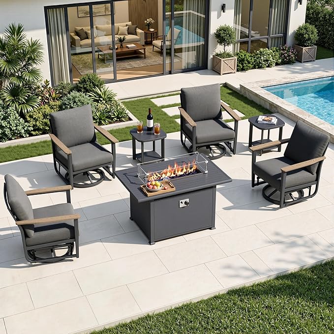 7Pcs Aluminum Patio Rocking Swivel Chair with 55,000 BTU Fire Pit Table Outdoor Bistro Set with Coffee Table, Patio Furniture Set with High Backrest & Thickened Cushions, Dark Grey