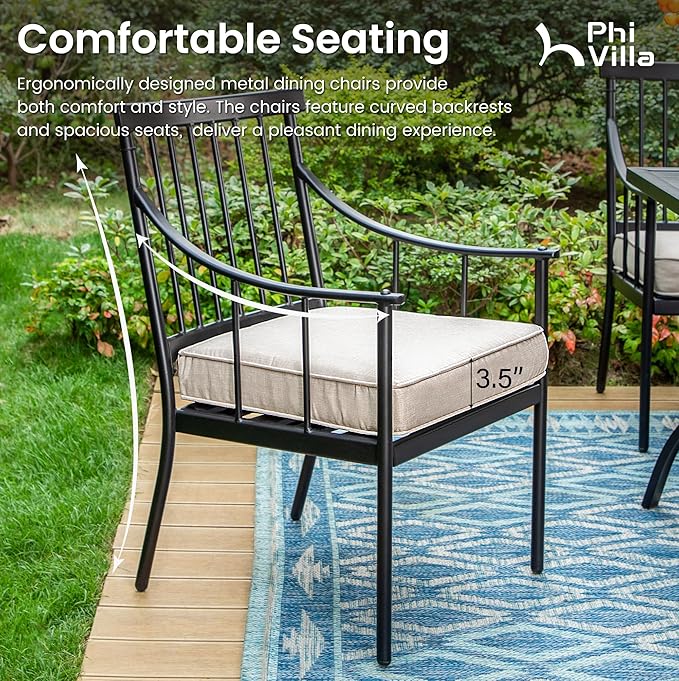 PHI VILLA 7 Piece Patio Dining Set, Rectangular Metal Table | Metal chairs, Fixed Chair, 1.57" umbrella hole, Cushions, powder-coated, 300 lb chair capacity, for Patio, Deck, Yard