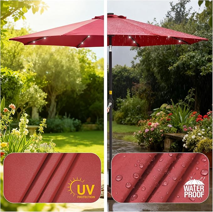 9ft Patio Umbrella Outdoor with Solar Lights,32 LED Lighted Table Market Umbrella with Tilt and Crank, 2-Year-Non-Fading, 8 Sturdy Ribs,for Pool, Deck, Garden,Backyard