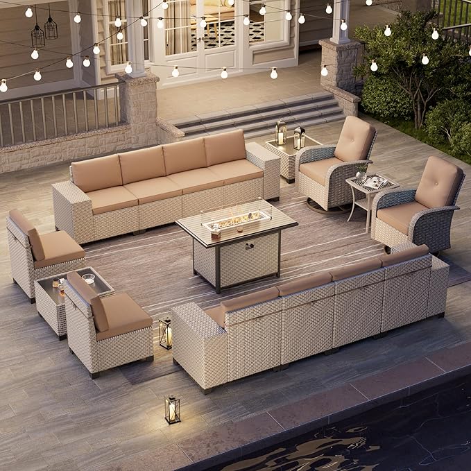 16-Piece Outdoor Patio Furniture Set, Modular Sectional Sofa Set with Swivel Rocker Chairs & Fire Pit, Wicker Outdoor Couch Conversation Sets w/Coffee Table and Cushions, Khaki