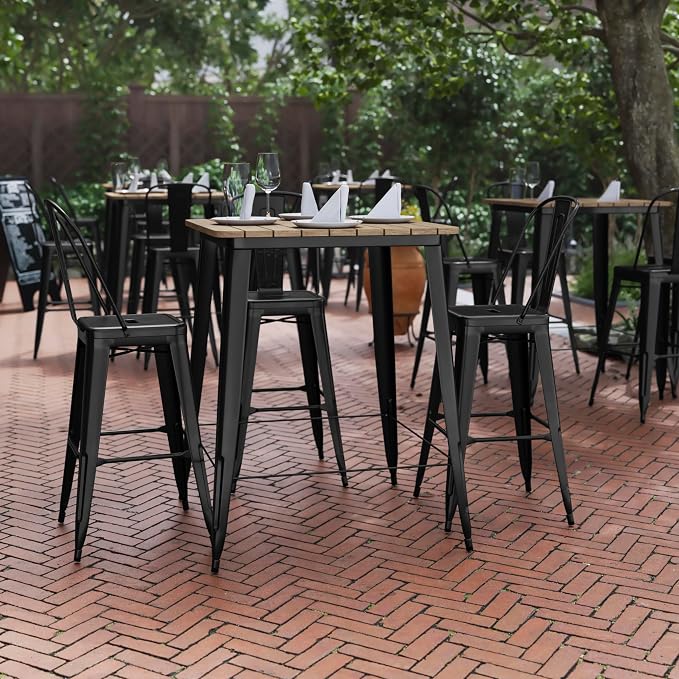 BizChair Commercial Outdoor Dining Table Bar Height, All Weather Poly Resin Top with Steel Base, 31.5" Square, Brown/Black