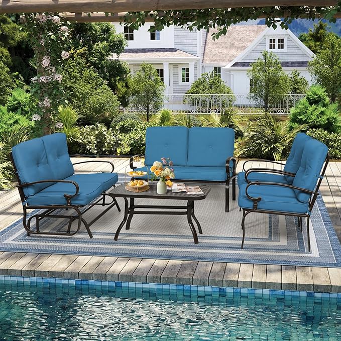 Oakcloud 5-Piece Outdoor Metal Furniture Sets Patio Conversation Set Wrought Iron Glider, 2 Single Chairs, Loveseat and Coffee Table, Peacock Blue
