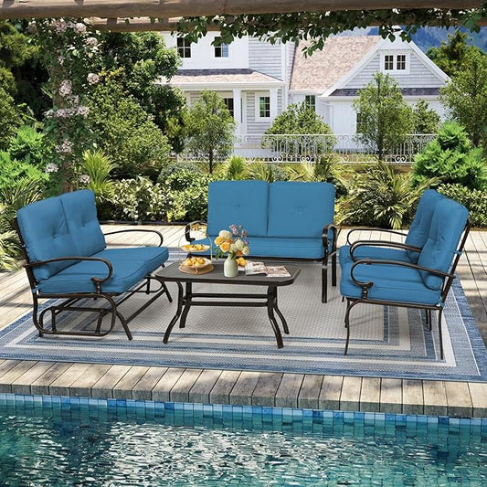 Oakcloud 5-Piece Outdoor Metal Furniture Sets Patio Conversation Set Wrought Iron Glider, 2 Single Chairs, Loveseat and Coffee Table, Peacock Blue