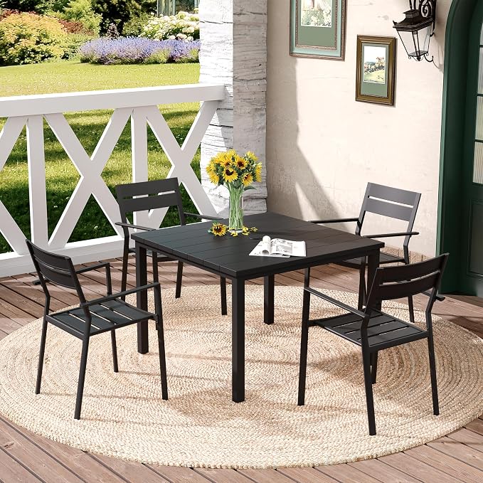 DIFY 5 Pieces Outdoor Patio Dining Set for 4, 40.2" Square Metal Dining Table and 4 Metal Stackable Dining Chairs, Outdoor Table and Chairs for Lawn Garden Poolside, Black