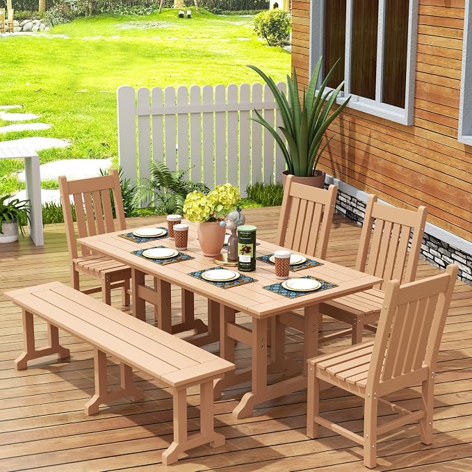 WestinTrends Malibu 6 Piece Outdoor Dining Set with Bench, All Weather Poly Lumber Patio Table and Chairs Set, 71" Trestle Dining Table with Umbrella Hole, 5 Patio Chairs with Bench, Teak