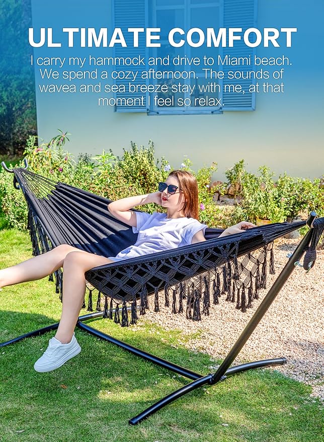 PNAEUT Handmade Tassel Hammocks, Double Hammock with Stand for Outside Indoor Outdoor, Max 450 lbs Capacity, Pillow & Storage Bag Included (Black)