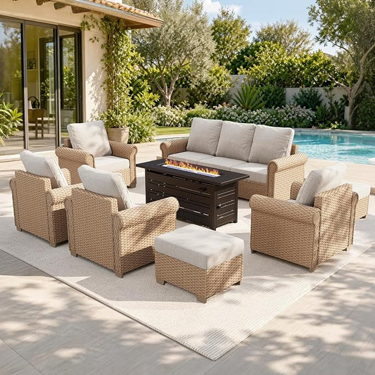 HERA'S HOUSE 8 Pieces Patio Furniture Set, All Weather 9 Seats Outdoor Wicker Sofa with Ottomans, Rattan Patio Conversation Set with 5.5" Cushions and 57" Fire Pit Table, Beige