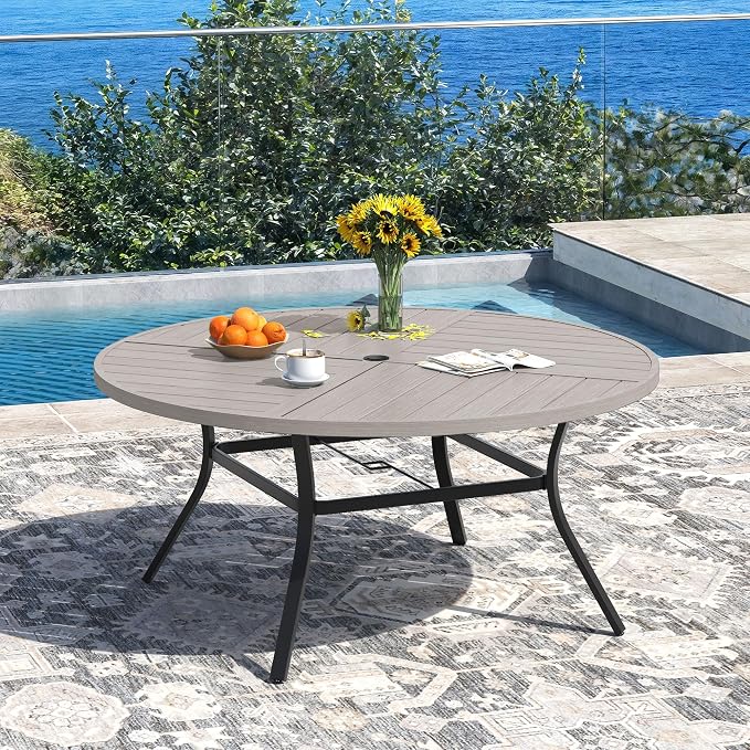 DIFY 53.1" Round Outdoor Patio Dining Table for 6-8, All-Weather Metal Steel Slatted Patio Table with 1.57" Adjustable Umbrella Hole, for Lawn Garden Porch Backyard, Grey Wood-Like