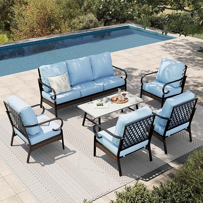 HERA'S HOUSE 6 Piece Metal Patio Furniture Set, All Weather Outdoor Conversation Set with 3-Seat Sofa, 4 Fixed Chairs & Coffee Table, 7 Seats for Backyard, Garden, Deck, Blue