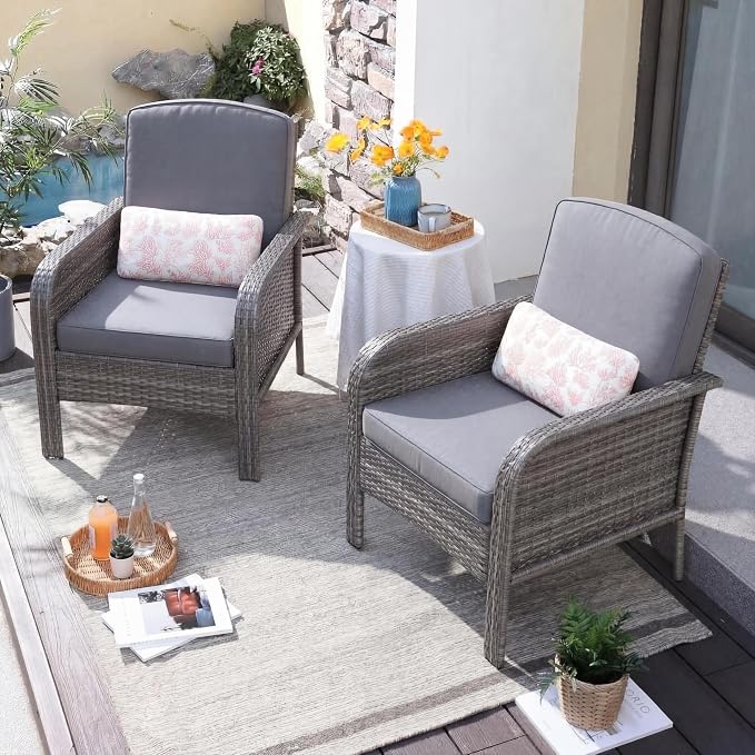 GarveeTech Outdoor Wicker Chairs, 2-Piece Grey Patio Furniture Set, All-Weather High-Back Rattan Chair with Thick Cushions for Deck, Porch, Balcony, Backyard, Garden