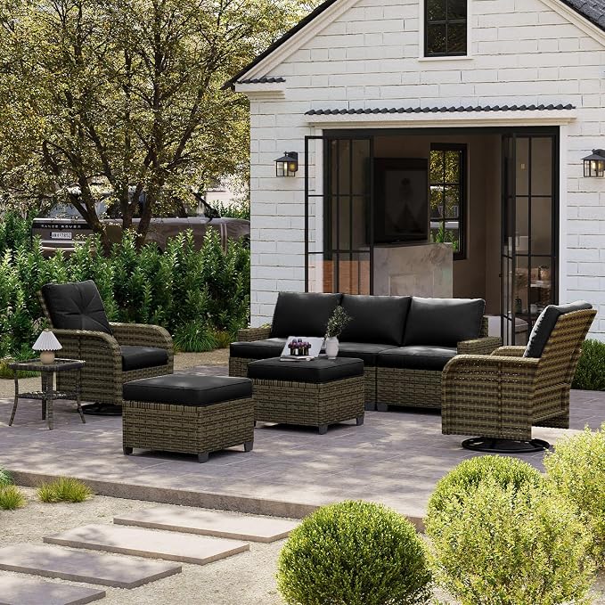 LET'S PATIO Luxury Patio Furniture Set，8 Piece Outdoor Furniture Sectional Set with Swivel Rocker Chairs of 2，All-Weather Patio Sectional Sofas with Thickened Cushions, Black