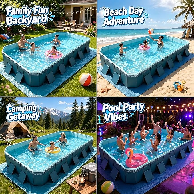 13ft Non-Inflatable Foldable Pool, Reinforced Panel Support, 4-Layer Anti-Scratch Material, Heavy Duty Rectangular Pool for Family Kids Pets Backyard Slide Compatible Use