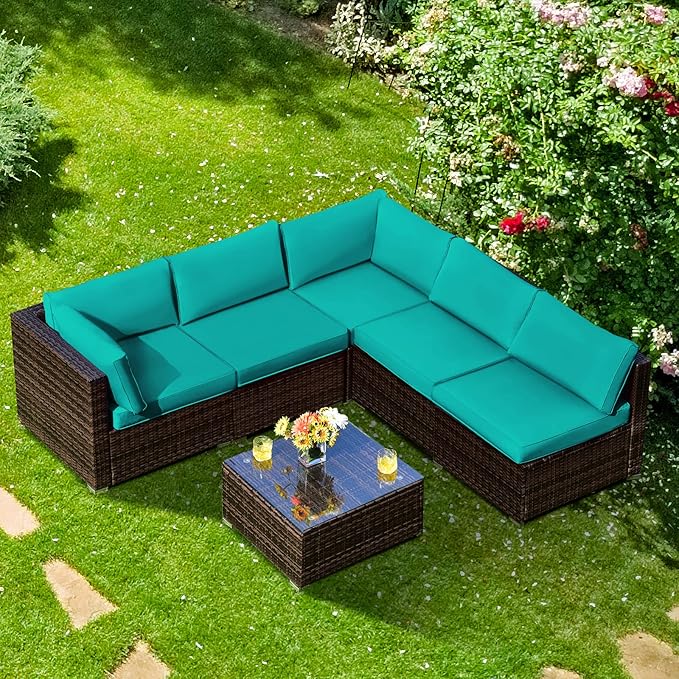 COSTWAY 6-Piece Outdoor Patio Furniture Set, Rattan Sectional Sofa Set with Tempered Glass Coffee Table and Cushions for Garden, Deck, Backyard (Turquoise)
