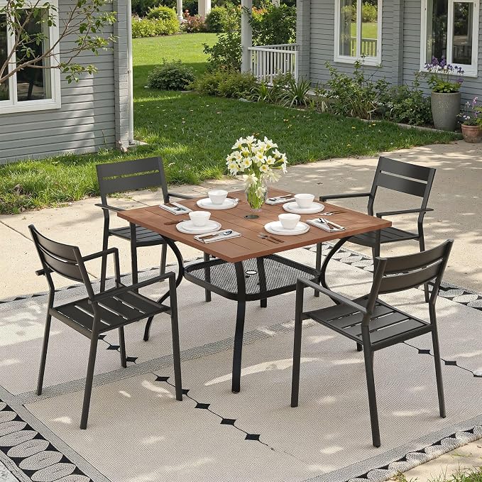 Patio Dining Set for 4, 37.8" Outdoor Dining Table and Chairs Set with Stackable Patio Chairs Outdoor Furniture for Garden Deck Backyard, Walnut Table and Black Chairs
