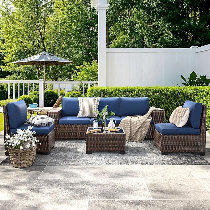 Patio Furniture Set, 6 Pieces Outdoor Sectional Sofa Conversation Sets Modern Wicker Seating Set, 4'' Thickened Cushions 1 Glass Coffee Table for Backyard Poolside, Navy Blue
