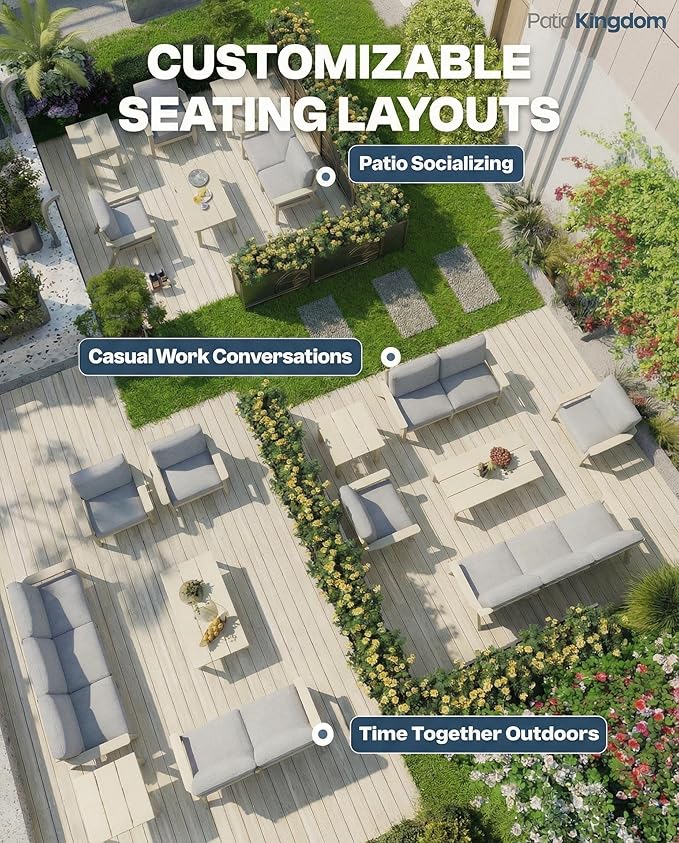 Patio Furniture Set with Washable Thick Gray Cushions, HDPE Outdoor Couch, All-Weather Outdoor Sectional Furniture, Patio Conversation Sets for Lawn, Garden, Porch (White Frame)