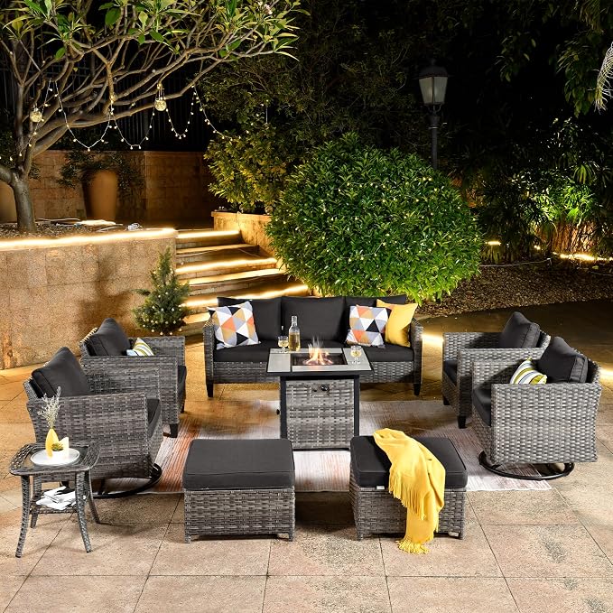 ovios 9 Pieces Patio Furniture Set with Square Fire Pit Table, Outdoor Swivel Rocking Chairs, High Back Wicker Rattan Conversation Set for Deck Porch, Black