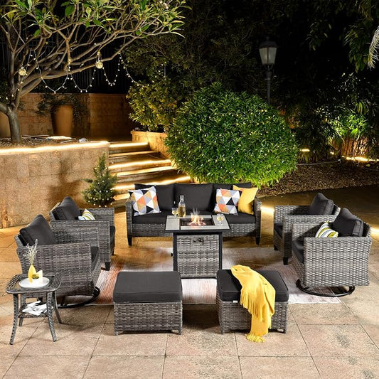 ovios 9 Pieces Patio Furniture Set with Square Fire Pit Table, Outdoor Swivel Rocking Chairs, High Back Wicker Rattan Conversation Set for Deck Porch, Black