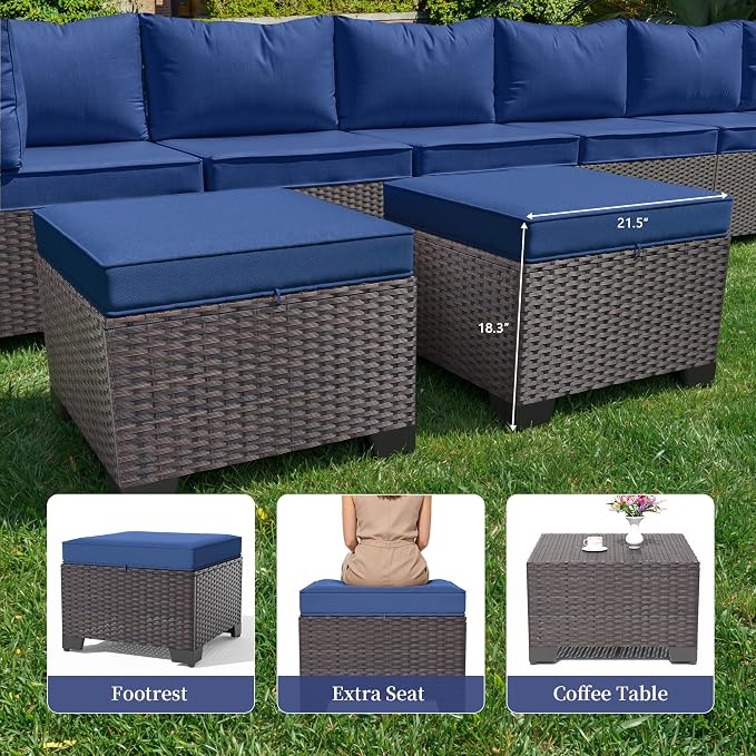 8 PCS Outdoor Patio Furniture Set,Outdoor Sectional Furniture All Weather PE Rattan Wicker Patio Conversation Set with 2 Ottomans and Coffee Table,Navy Blue