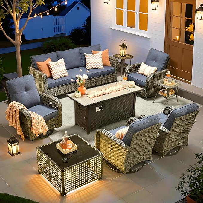 ovios 9 Pieces Patio Furniture Set, Outdoor Wicker Sofa Couch with Rocking Swivel Chairs Fire Pit Table, Modern Deep Seat Rattan Conversation Sets for Deck Porch, Denim Blue